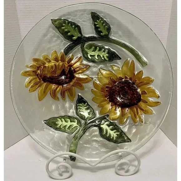 Fused Art Glass Bowl Sunflowers Fall Decor 18”  Stand not included. - Picture 1 of 4